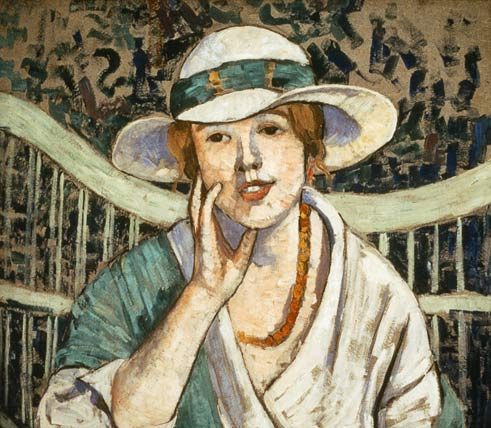 Painting of a woman in light dress and a hat sitting and lightly touching her face.