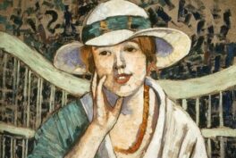 Painting of a woman in light dress and a hat sitting and lightly touching her face.