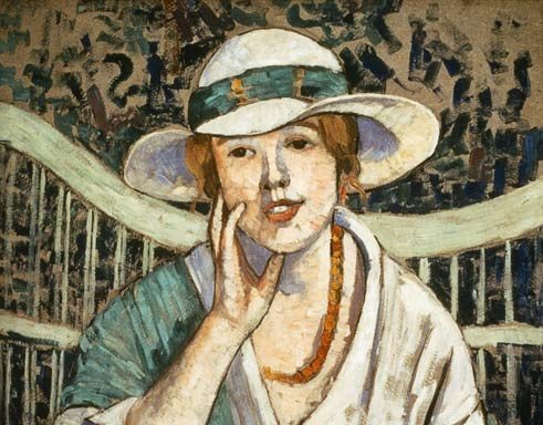 Painting of a woman in light dress and a hat sitting and lightly touching her face.