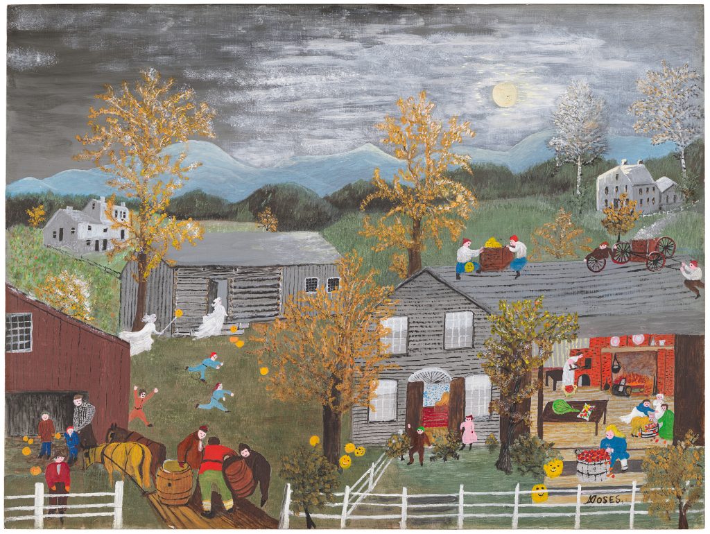 grandma moses paintings: Grandma Moses, Halloween, 1955, Smithsonian American Art Museum, Washington, DC, USA. Museum’s website. © Grandma Moses Properties Co., New York.
