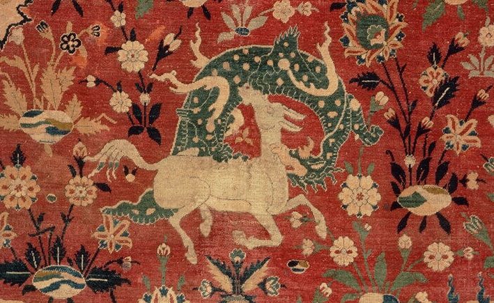 Persian Rug: Silk Animal Carpet, ca. 16th century, Metropolitan Museum of Art, New York City, NY, USA. Museum’s website. Detail.
