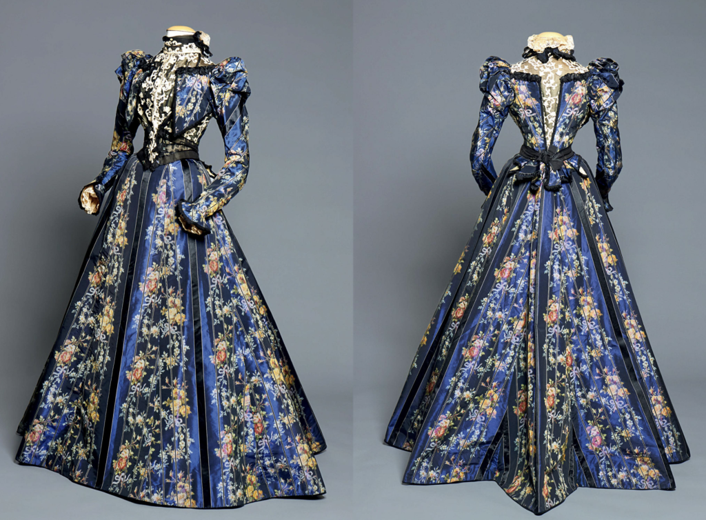 gilded age fashion: An ensemble of floral trellises, striped pleats, and lace for Annie Otis Sanders. Elizabeth L. Block, Gilded Age Fashion, 2026, Hardie Grant Books, p. 28-29.
