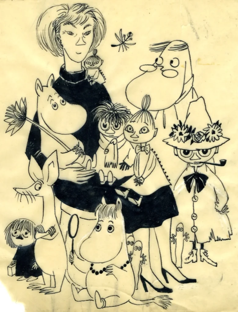 Moomin world: Tove Jansson, Self-Portrait with the Moomins. © Moomin Characters™. Artsy.

