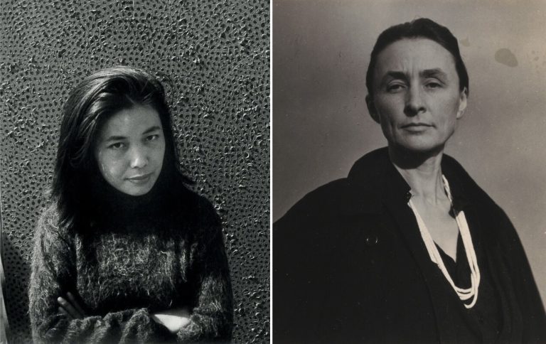 Yayoi Kusama Georgia O’Keeffe: Left: Yayoi Kusama with one of her Infinity Net paintings in New York, c. 1961. Tate. Detail; Right: Alfred Stieglitz, Georgia O’Keeffe, 1929, National Gallery of Art, Washington, DC, USA. Detail.
