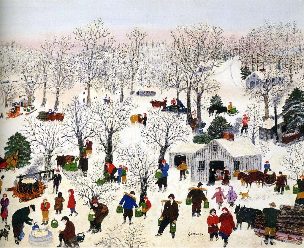 grandma moses paintings: Grandma Moses, Sugaring Off, 1955, Bennington Museum, Bennington, VT, USA. Artchive.
