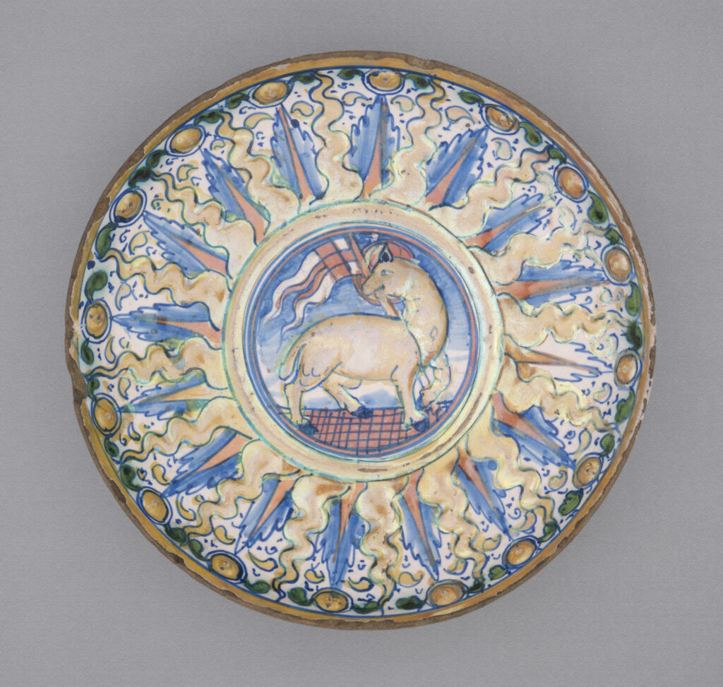 Lamb in Christian Art: Footed dish with the Agnus Dei (Lamb of God), Italy, Gubbio, ca. 1530, Los Angeles County Museum of Art, Los Angeles, CA, USA.

