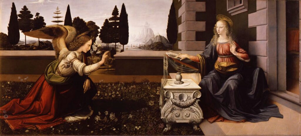flower symbolism in art: Leonardo da Vinci, Annunciation, c. 1472. Uffizi, Florence, Italy.
