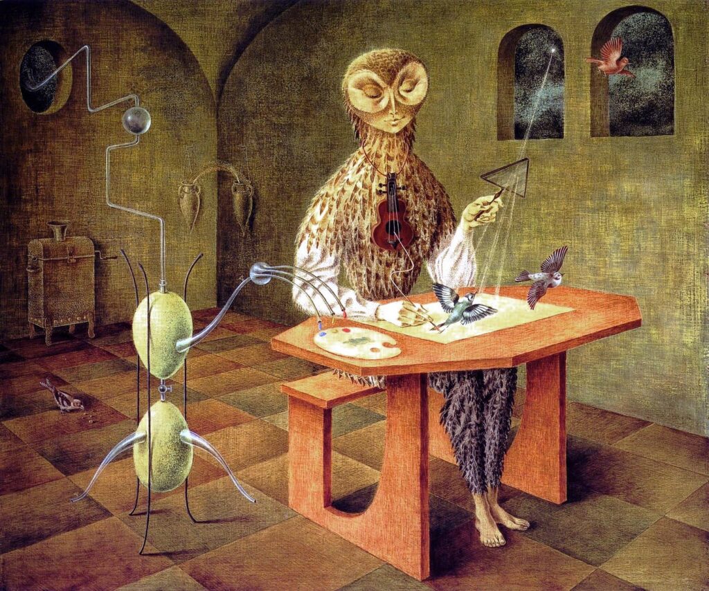 owl in art: Remedios Varo, The Creation of Birds, 1957, Museo de Arte Moderno, Mexico City, Mexico. Singulart.
