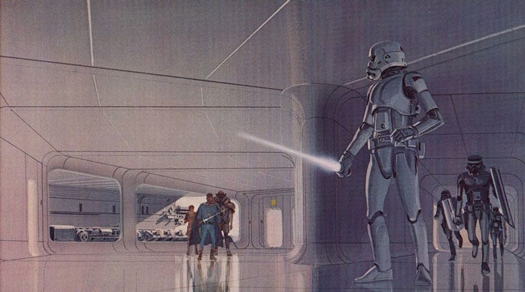 star wars propaganda art: Ralph McQuarrie’s concept art for the Stormtroopers. Medium.
