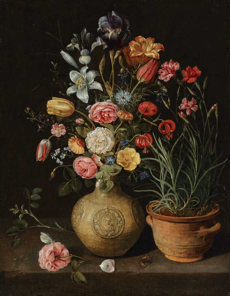 flower symbolism in art: Clara Peeters, Roses, Lilies, and an Iris, 1612. Christie’s.
