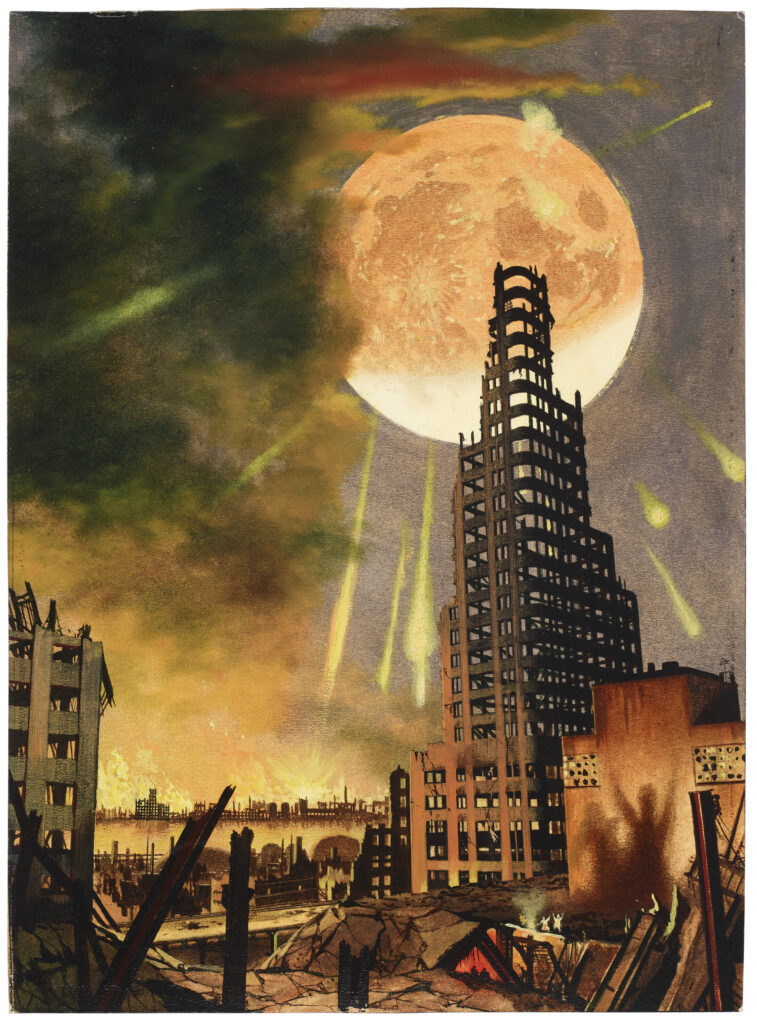 Ralph McQuarrie: Chesley Bonestell, The Moon Falls Back on the Earth, c. 1947. Christie’s.
