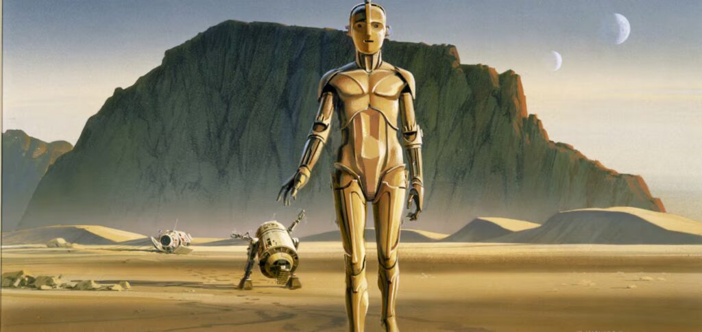Ralph McQuarrie: Ralph McQuarrie, Concept art for C-3PO and R2-D2 walking in the desert of Tatooine. The Boston Globe.
