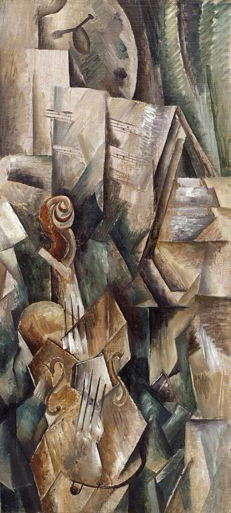 iconic cubist paintings: Georges Braque, Violin and Palette, 1909, Solomon R. Guggenheim Museum, New York City, NY, USA.
