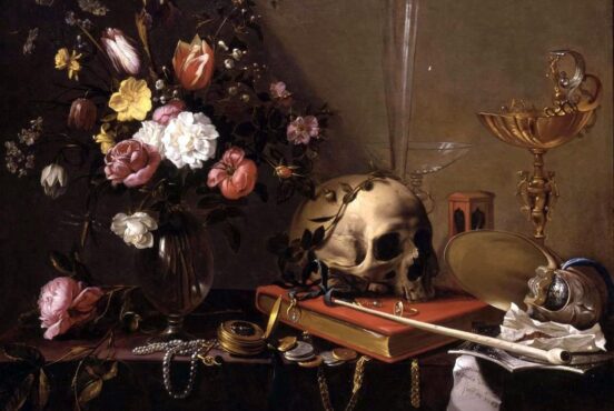 Flower Symbolism in Art. Adriaen van Utrecht, Still Life with Bouquet and Skull, c. 1642. Private collection. Via Wikimedia Commons.