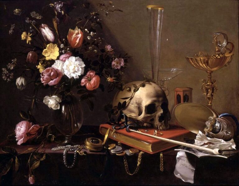 flower symbolism in art: Adriaen van Utrecht, Still Life with Bouquet and Skull, c. 1642, private collection.
