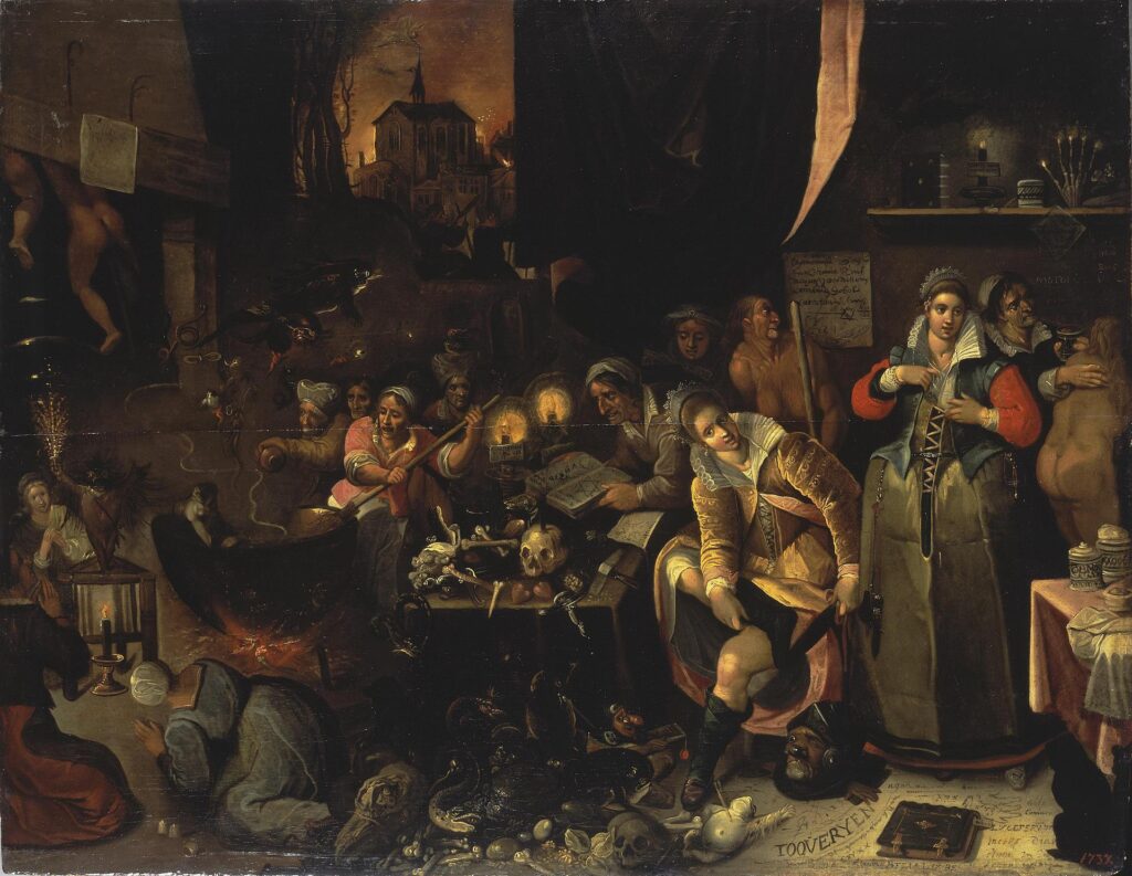 flower symbolism in art: Frans Francken II, Witches’ Kitchen, 1606. Hermitage Museum, St. Petersburg, Russia.
