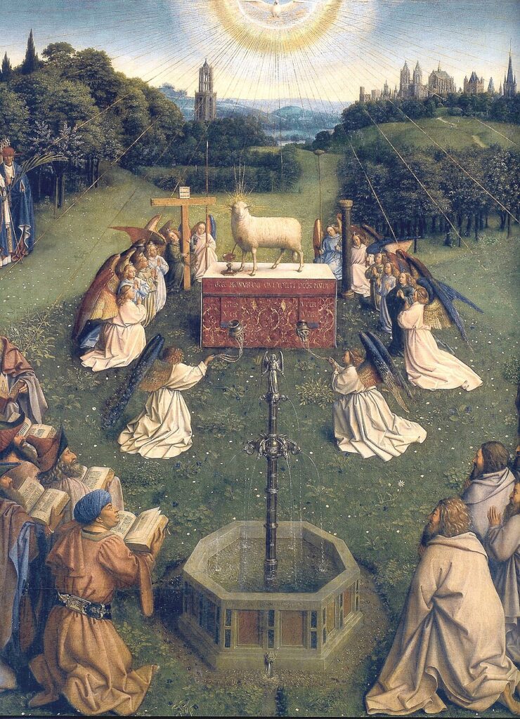 Lamb in Christian Art: Jan van Eyck, Hubert van Eyck, Ghent Altarpiece, 1432, St. Bavo’s Cathedral, Ghent, Belgium. Wikimedia Commons (public domain). Detail of central panel.
