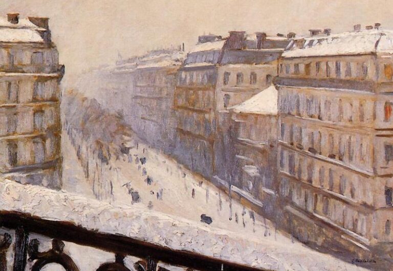 Parisian landmarks painting: Gustave Caillebotte, Boulevard Haussmann, Snow, c. 1880–1881, private collection. Wikimedia Commons (public domain). Detail.
