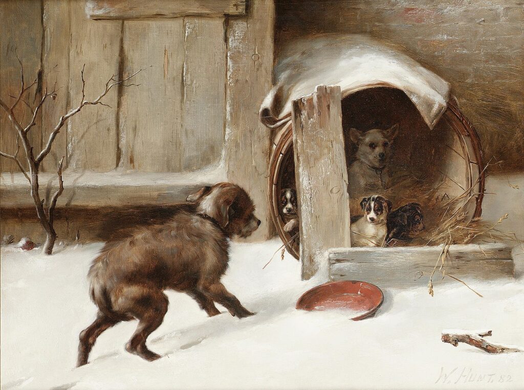 paintings with dogs: Walter Hunt, In from the Cold, 1882, private collection. Bonhams.
