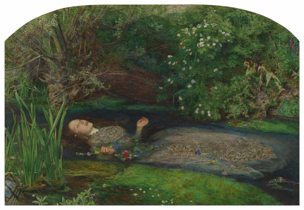 flower symbolism in art: John Everett Millais, Ophelia, 1851–1852. Tate Britain, London, UK.
