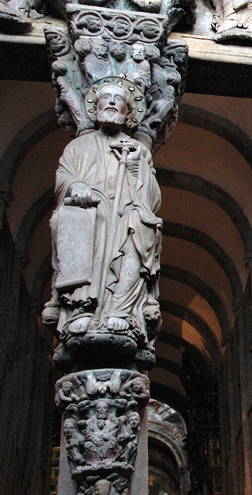 pilgrimage churches: Master Mateo, Saint James mullion, Santiago de Compostela Cathedral, Santiago de Compostela, Spain. Photograph by MarisaLR via Wikimedia Commons (CC BY-SA 3.0).
