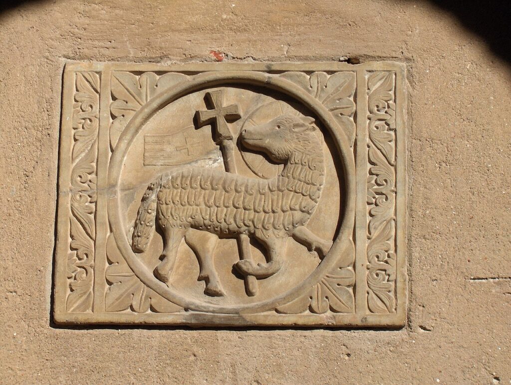 Lamb in Christian Art: Agnus Dei with halo and cross, St. Euphrasius Basilica, Poreč, Croatia. Photograph by Georges Jansoone via Wikimedia Commons (CC BY-SA 4.0).
