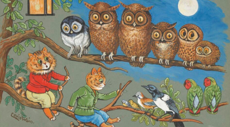 owl in art: Louis Wain, Moonlight Sonata, ca. 1900–1910, Victoria and Albert Museum, London, UK. Detail.
