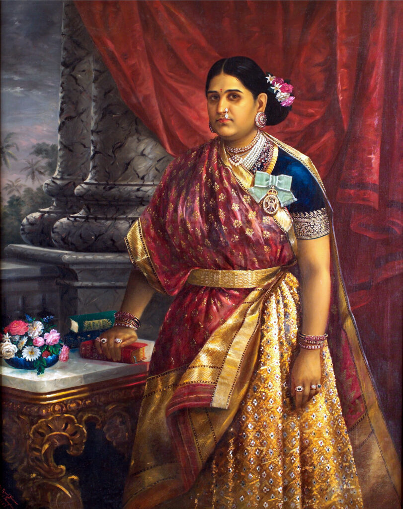 Dresses in art: Beautiful Dresses in Art: Raja Ravi Varma, Rani Lakshmi Bayi of Travancore, 1883, Sri Chithra Art Gallery, Thiruvananthapuram, India. Raja Ravi Varma Heritage Foundation.
