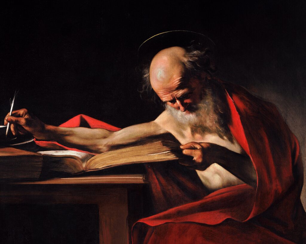 Saint Jerome Caravaggio: Caravaggio, Saint Jerome Writing,c. 1605–1606, Galleria Borghese, Rome, Italy. Detail.

