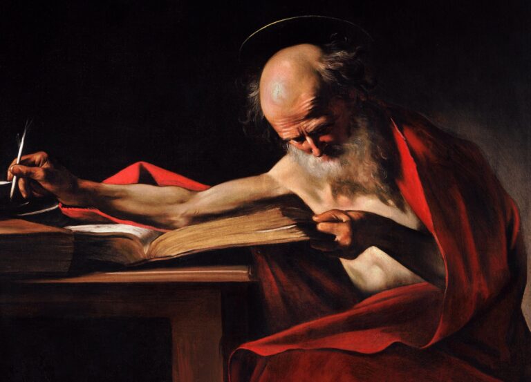 Saint Jerome Caravaggio: Caravaggio, Saint Jerome Writing, c. 1605–1606, Galleria Borghese, Rome, Italy. Detail.
