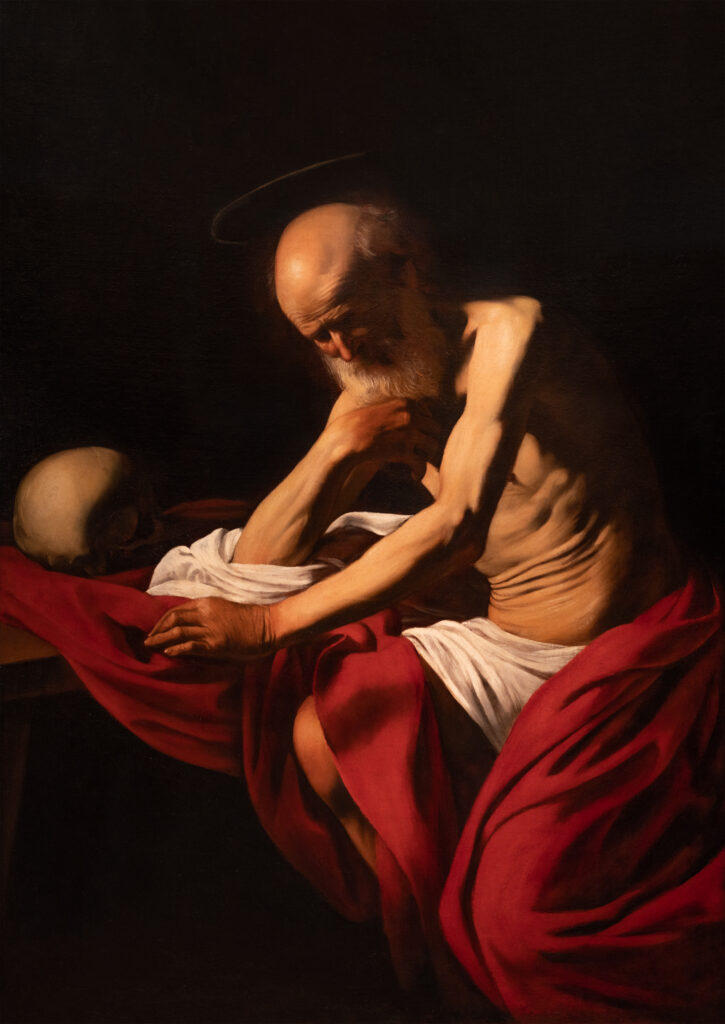 Saint Jerome Caravaggio: Caravaggio, Saint Jerome in Meditation, c. 1605, Museum of Montserrat, Barcelona, Spain.
