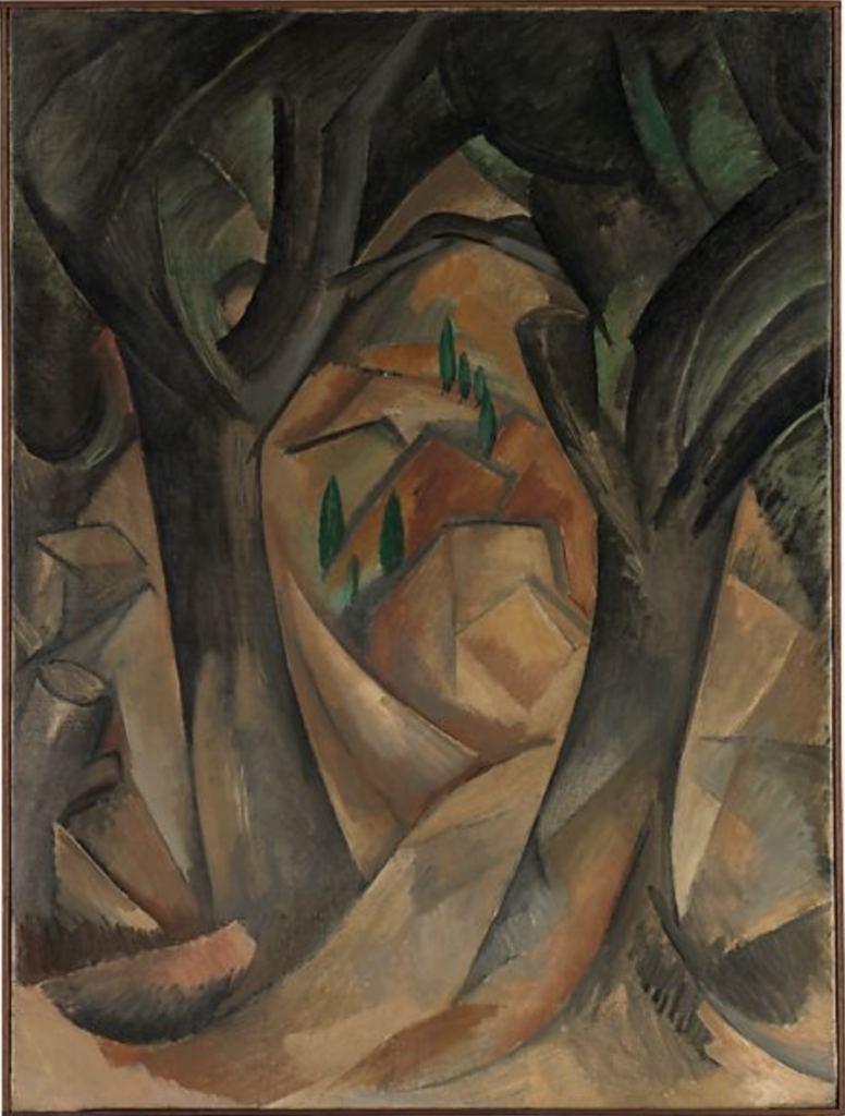 iconic cubist paintings: Georges Braque, Trees at L’Estaque, 1908, Metropolitan Museum of Art, New York City, NY, USA.
