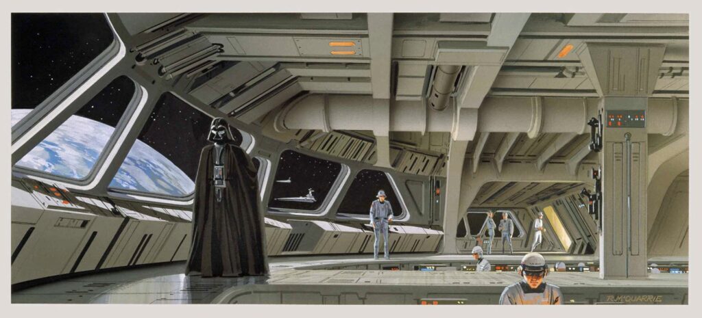 star wars propaganda art: Ralph McQuarrie, Darth Vader in the Death Squadron concept art. Star Wars.
