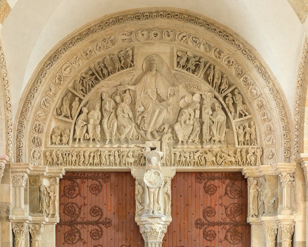 pilgrimage churches: Tympanum of the central portal, Vézelay Abbey, Vézelay, France. Photograph by Benjamin Smith via Wikimedia Commons (CC BY-SA 4.0).
