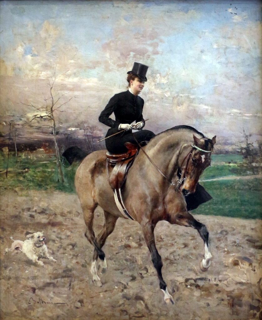 paintings with dogs: Giovanni Boldini, The Amazon (Alice Regnault on Horseback), c. 1879–1880, Galleria d’Arte Moderna, Milan, Italy.
