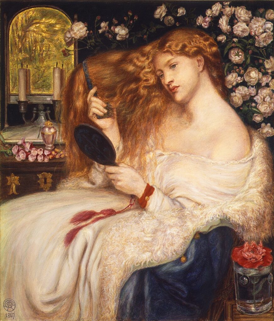 flower symbolism in art: Dante Gabriel Rossetti, Lady Lilith, 1867, Metropolitan Museum of Art, New York City, NY, USA.
