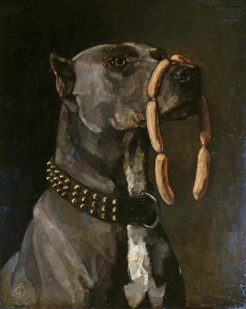 paintings with dogs: Wilhelm Trübner, Dog with Sausages (Ave, Caesar, morituri te salutant), 1877, Alte Nationalgalerie, Berlin, Germany.
