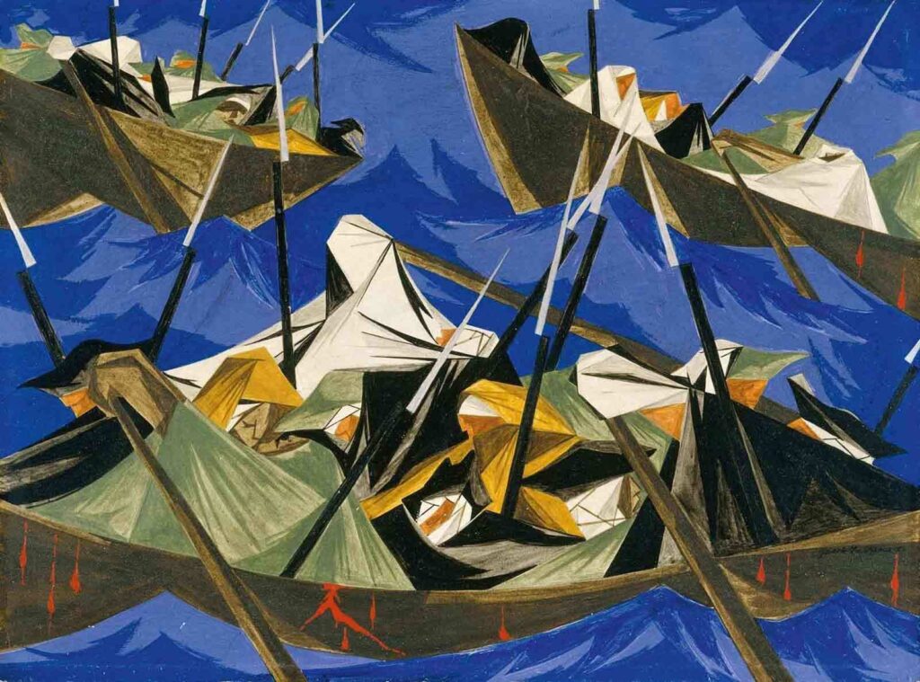 hidden gems at the met: Jacob Lawrence, We crossed the River at McKonkey’s Ferry 9 miles above Trenton … the night was excessively severe … which the men bore without the least murmur…—Tench Tilghman, 27 December 1776 / Struggle Series—No. 10: Washington Crossing the Delaware, 1954, Metropolitan Museum of Art, New York City, NY, USA.
