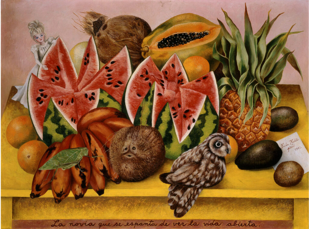 owl in art: Frida Kahlo, The Bride Frightened at Seeing Life Opened, 1943, Jacques and Natasha Gelman Collection, Mexico City, Mexico. Portland Museum of Art.

