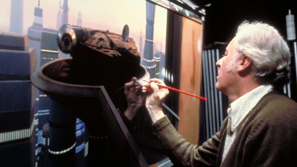Ralph McQuarrie: Ralph McQuarrie working on an illustration for Star Wars: Episode V—The Empire Strikes Back (1980). Star Wars.
