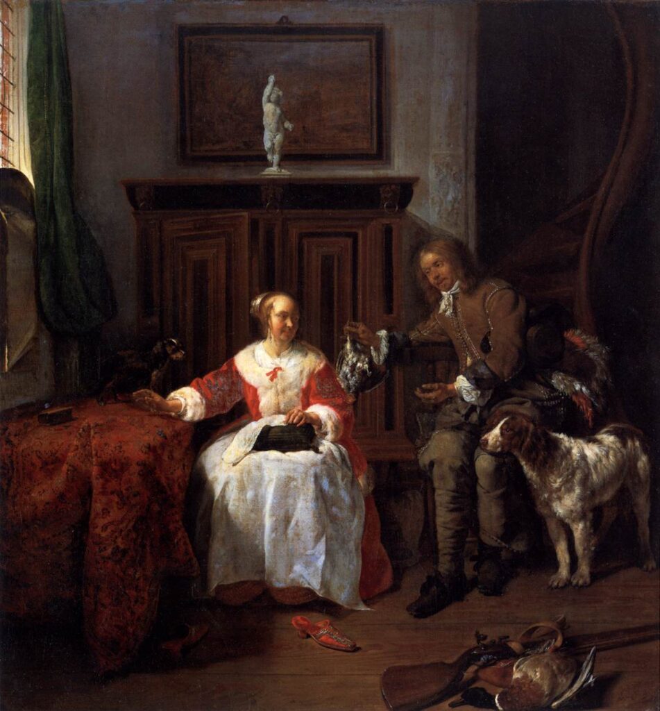 paintings with dogs: Gabriël Metsu, The Hunter’s Present, c. 1658–1661, Rijksmuseum, Amsterdam, Netherlands.
