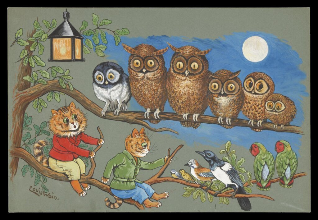 owl in art: Louis Wain, Moonlight Sonata, ca. 1900–1910, Victoria and Albert Museum, London, UK.
