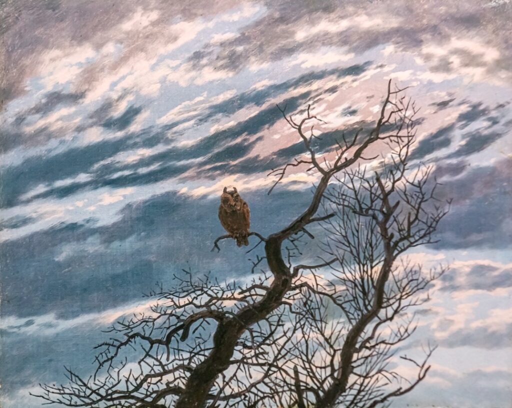owl in art: Caspar David Friedrich, Owl on a Tree / An Owl on a Bare Tree, 1834, private collection. Wikimedia Commons (public domain).
