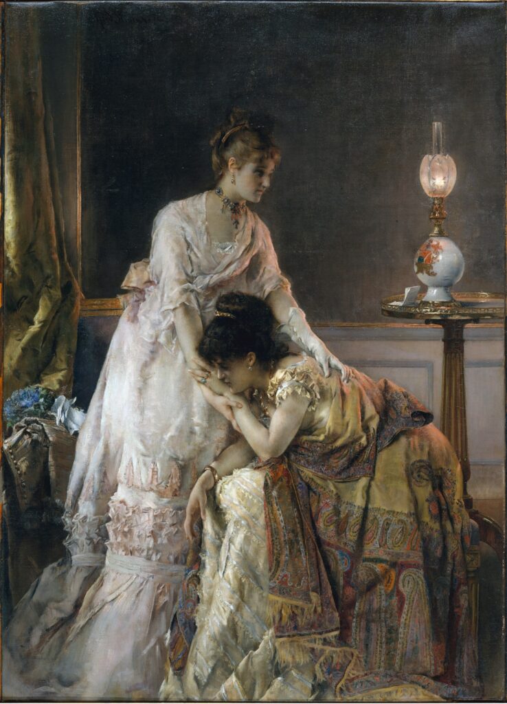 Dresses in art: Beautiful Dresses in Art: Alfred Stevens, After the Ball, 1874, Metropolitan Museum of Art, New York City, NY, USA.
