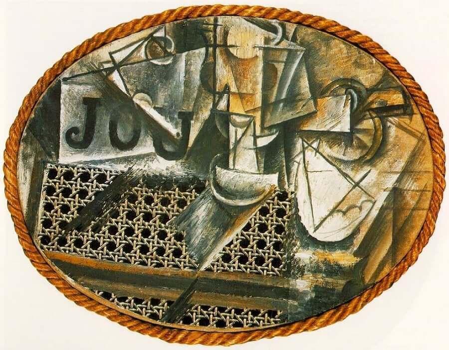 iconic cubist paintings: Pablo Picasso, Still Life with Chair Caning, 1912, Musée Picasso, Paris, France.
