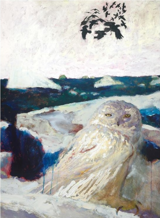 owl in art: Jamie Wyeth, Snow Owl—Fourteenth in a Suite of Untoward Occurrences on Monhegan Island, 2020, Phyllis and Jamie Wyeth Collection. © Jamie Wyeth/Artists Rights Society (ARS), NY. Ralston Gallery.
