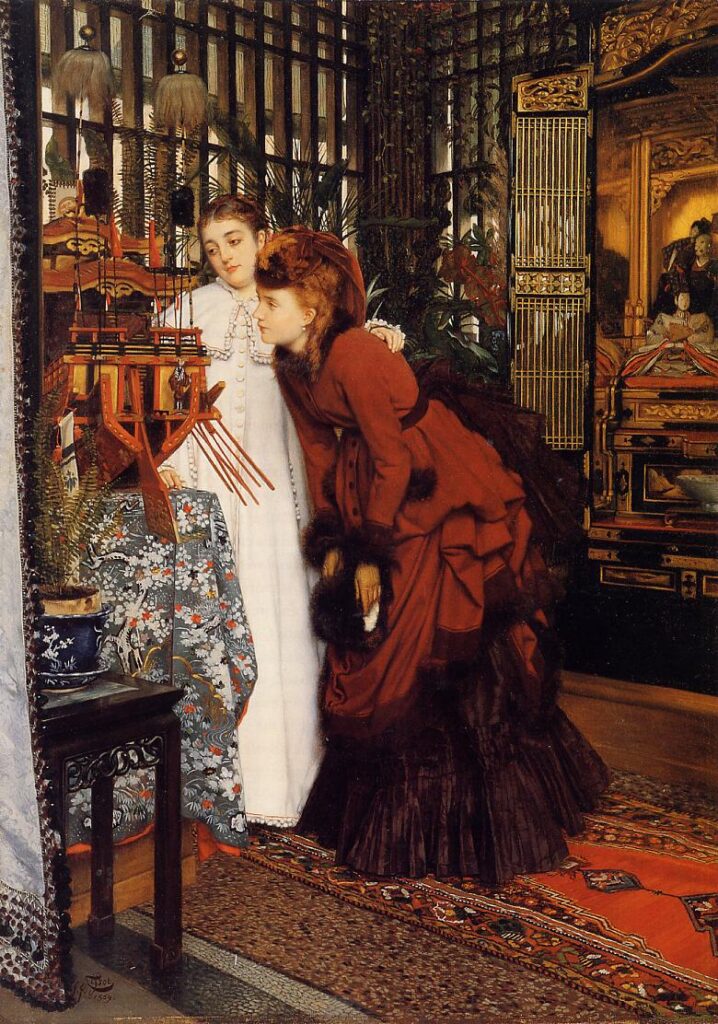 Dresses in art: Beautiful Dresses in Art: James Tissot, Young Women Looking at Japanese Articles, 1869, Cincinnati Art Museum, Cincinnati, OH, USA.
