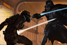 Ralph McQuarrie concept art. Ralph McQuarrie, Deak Starkiller duels Darth Vader (Laser Duel). 1975. In Star Wars Art: Ralph McQuarrie, edited by Brandon Alinger et al., Abrams Books, 2016.