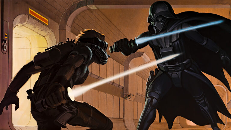 Ralph McQuarrie: Ralph McQuarrie, Deak Starkiller duels Darth Vader (Laser Duel), 1975, in Star Wars Art: Ralph McQuarrie, ed. by Brandon Alinger et al., Abrams Books, 2016. Arthur.
