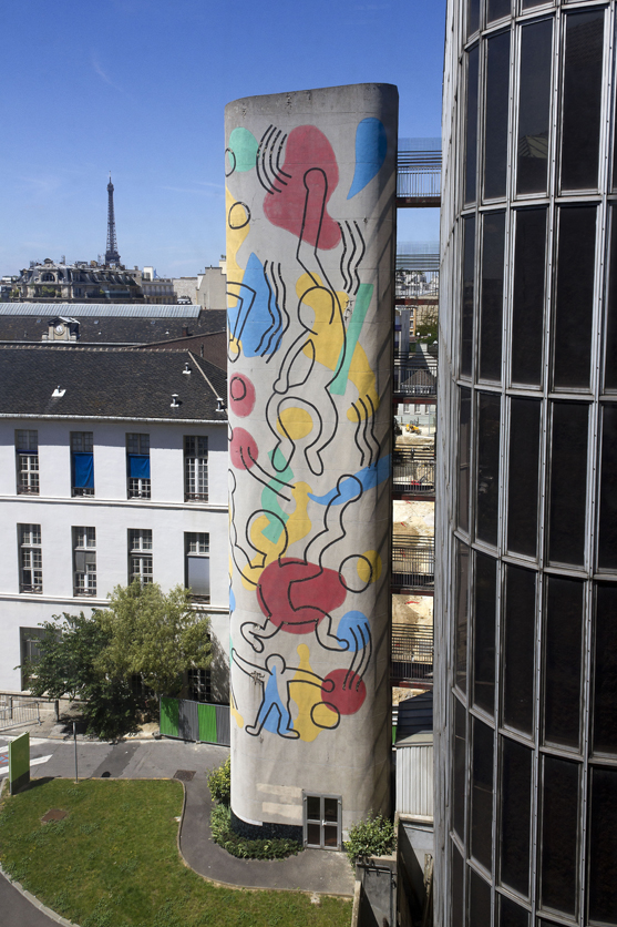 Keith Haring artworks: Keith Haring, Tower mural at the Necker Children’s Hospital, 1987, Paris, France. Photograph by J.P. Humbert via noirmontartprodction.
